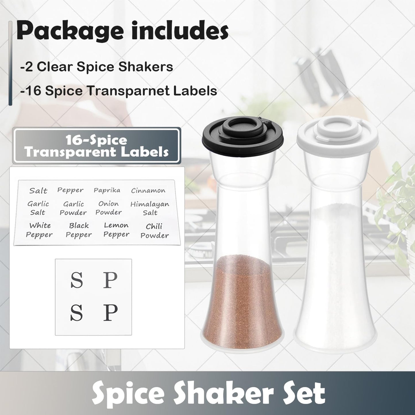 CEILUPY Salt and Pepper Shakers Set of 2, Large Clear Plastic Hourglass Shakers with 16 Pre-Printed Spice Labels, Moisture Proof Lids for Kitchen, Camping, Travel & Outdoor (Black & White)