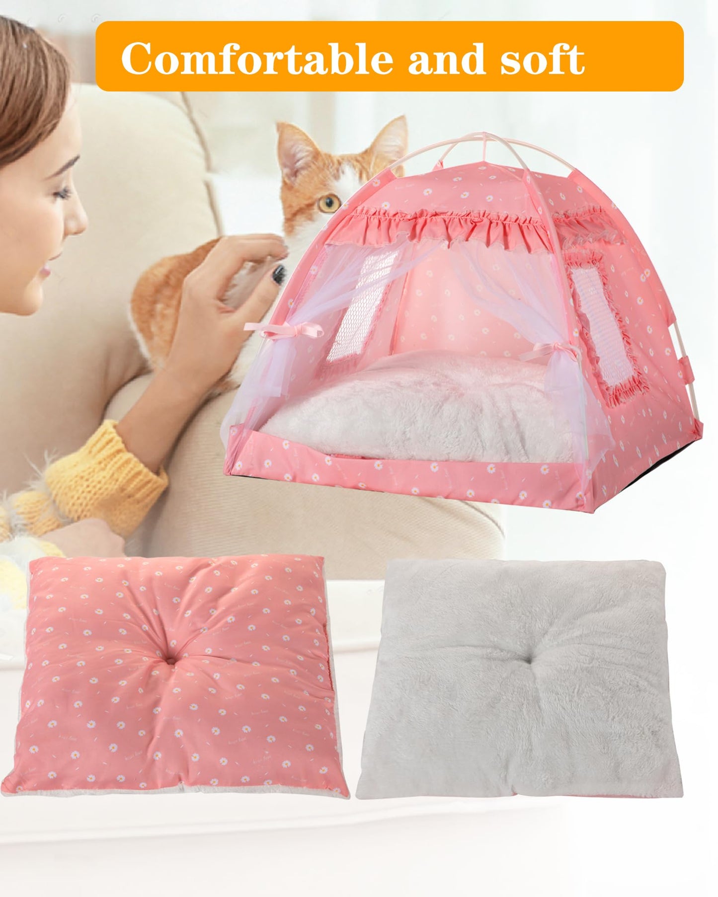 SEIMMIE Cat Princess Bed Tent House - Kitty Cute Tent Indoor,Small Dog House Indoor/Outdoor Cave Nest Bed Small Dog Tent for Cat,Puppy Tent (15.7"x15.7"x14.5"/Pink)