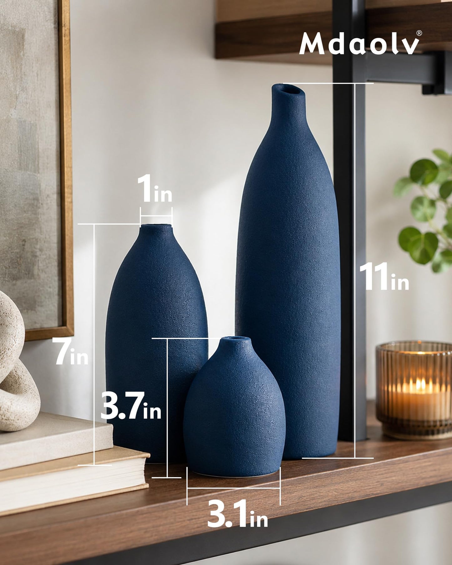 Mdaolv Matte Blue Vase Set Navy Blue Decor Coastal Decor Vases for Kitchen Island Living Room Office Table Fireplace Mantle Decorations & Bathroom Shelf Decor Centerpiece Table Decorations Ceramic