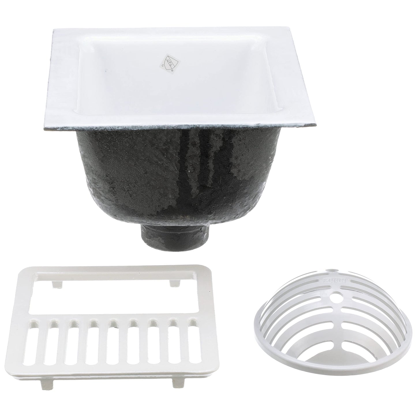 Zurn FD2375-NH3-H FD2375 12"x12" Floor Sink Body & Dome Strainer, 6" Sump Depth, 3" No-Hub, with Half Grate & JP2375-F - Cast Iron Enameled Full Grate for The FD2375 Floor Sink