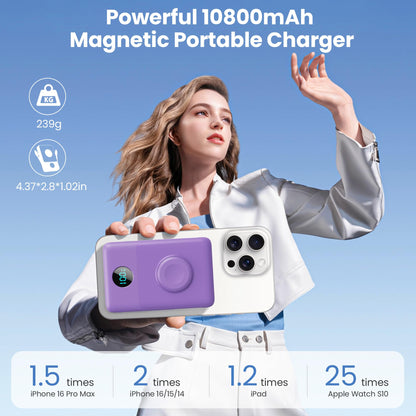 Magnetic Portable Charger 10800mAh for iPhone with Built-in Cables, 6-in-1 Wireless Power Bank with iWatch Charger, LCD Display 25W PD Fast Charging Battery Pack for iPhone 16/15/14/13/12, Apple Watch