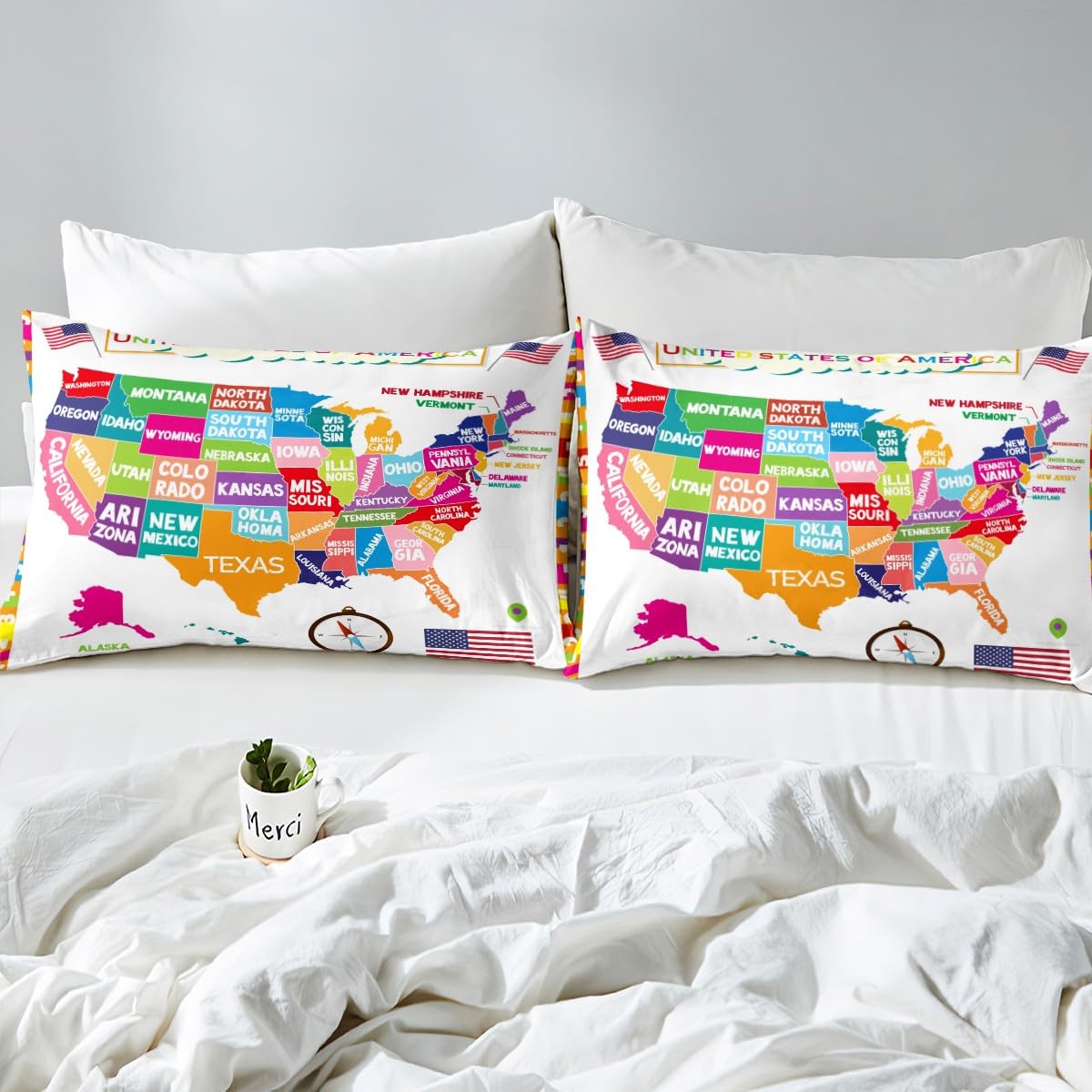USA Map Fitted Sheet Twin, Geography USA Map Bed Sheet Set for Boys Girls Educational Bedding Set Learning Time Bed Cover 2Pcs (No TOP Sheet)