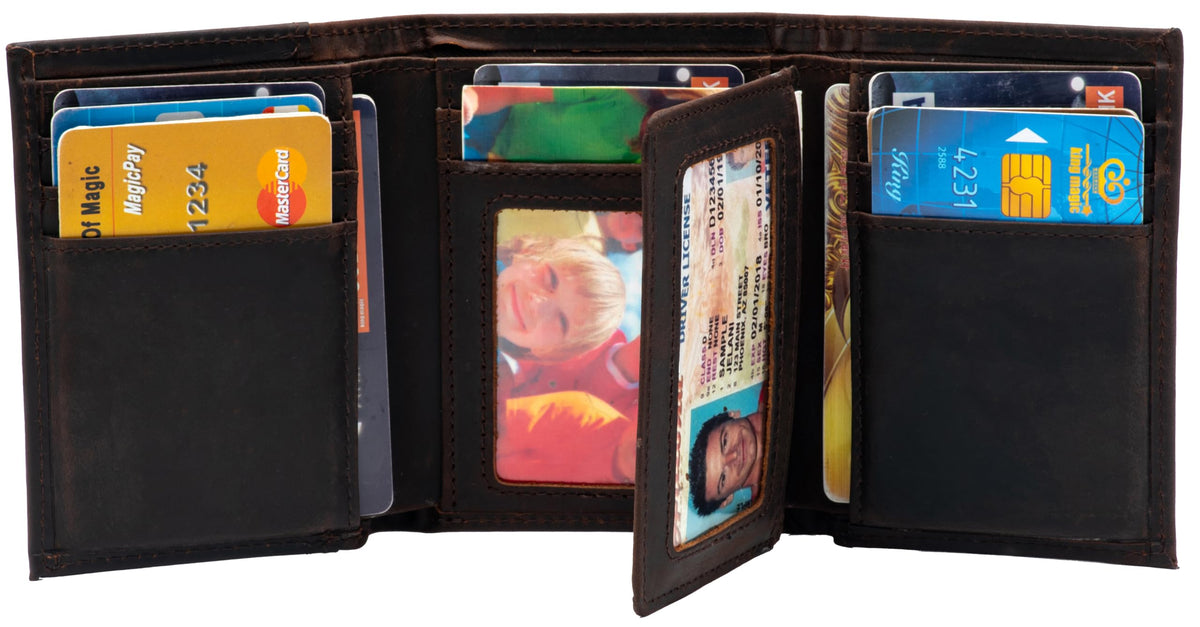 WULOUJIE Mens large-capacity Trifold wallet with 2 ID Window，Genuine Leather RFID Blocking 11 card slots Wallet for Men (Dark brown)