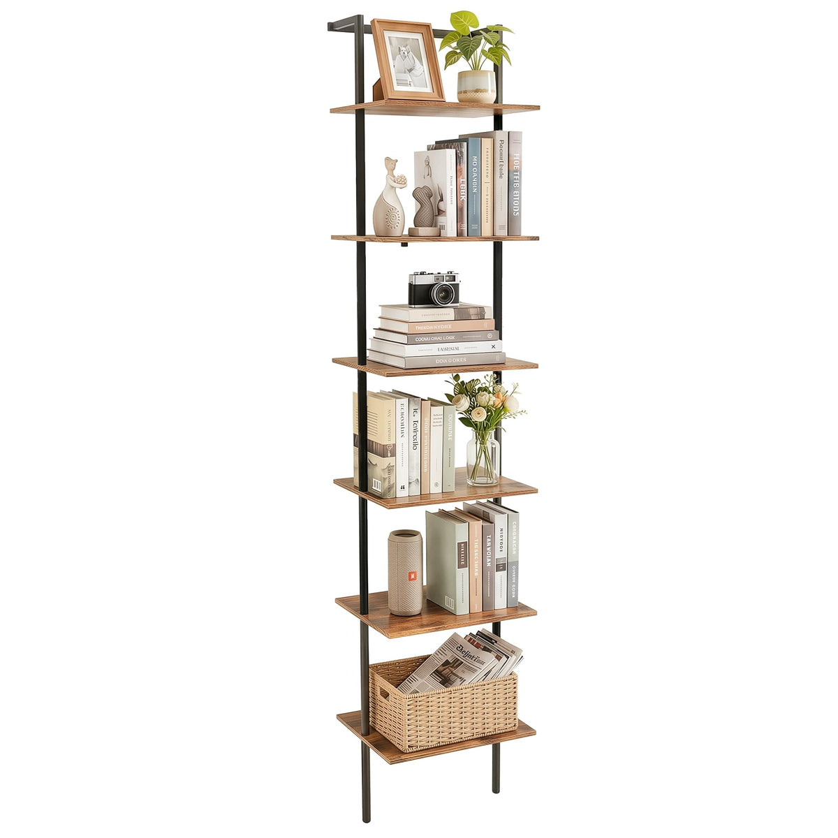 POBOMULI 6-Tier Ladder Shelf, 77 Inches Wall Mounted Ladder Bookshelf with Metal Frame, Wood Tall Open Storage Rack and Display Shelves for Home Office Bedroom Living Room, Rustic Brown