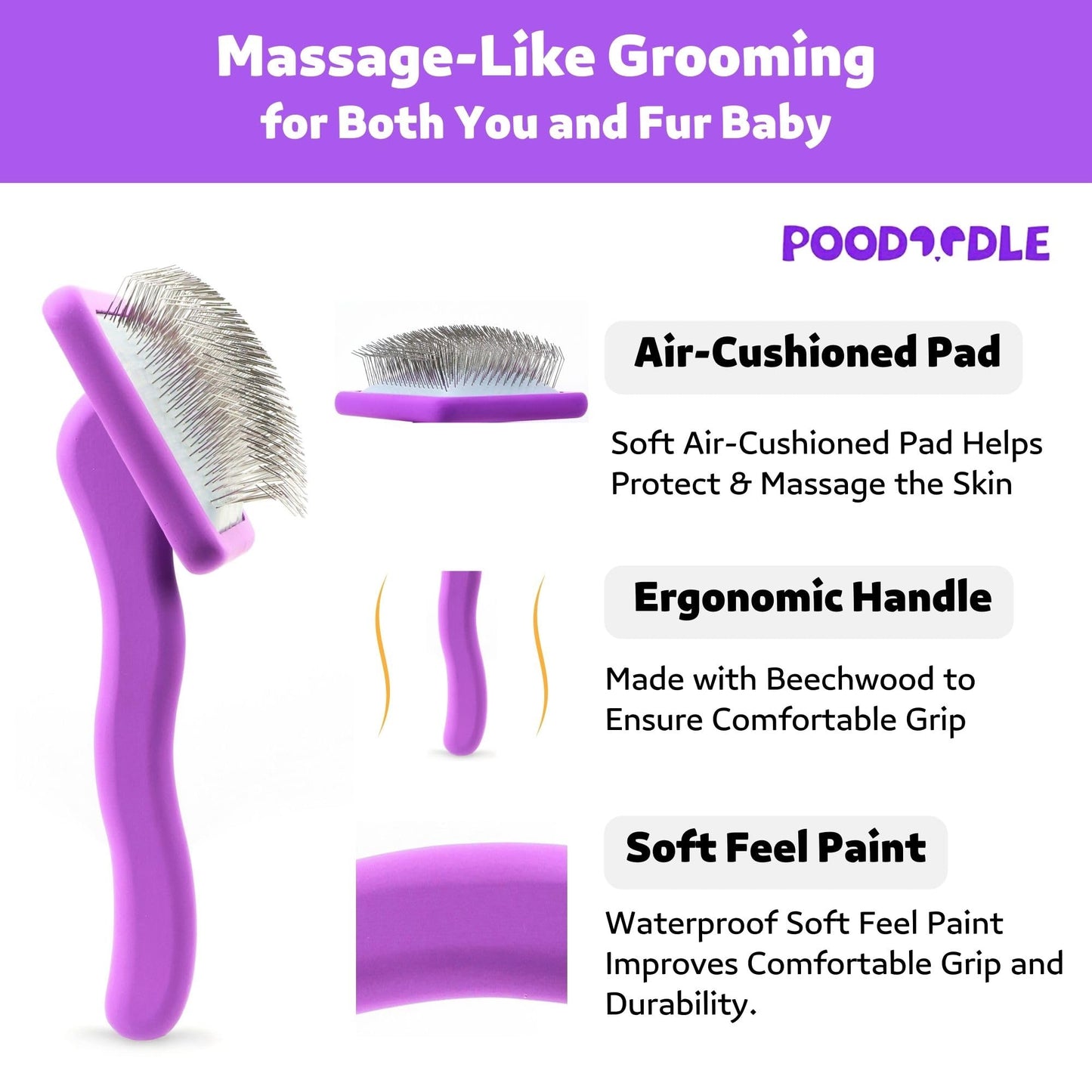 Poodoodle Dog Slicker Brush, Grooming Tool for Poodle, Doodle, Goldendoodle & All Long Haired Dogs, Long Pin Wood Brush Pefect for Dematting & Detangling, Effortless Grooming Pet Hair At Home - Large