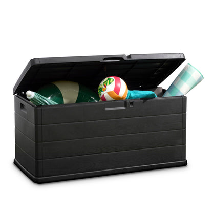 idooka Large Garden Storage Box with Lid 340L - Water Resistant Plastic Lockable - Furniture Cushions/Wellies/Logs/Coal/Garden Tool Grey Deck Box/Garage