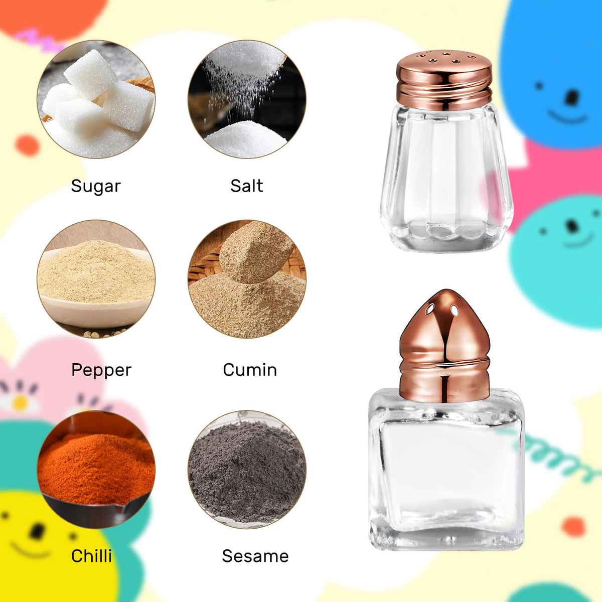 BOSMIOW 6Pack Small Glass Spice Jars with Rose Gold Cap,Clear Mini Salt Holders,Durable Pepper Shakers,Empty Seasoning Powders Containers for Kitchen Restaurants