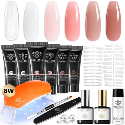modelones Poly Gel Nail Kit 6 Colors with 8 W Nail Lamp Extension Gel Kit Jelly Milky White Pink Nude Complete Tools Beginner Thickening Solutions DIY at Home for Women