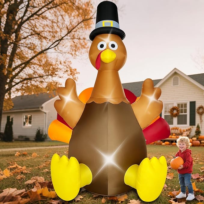 Thanksgiving Inflatables Turkey Outdoor Decorations 8FT Fall Inflatable Turkey with Built-in LED Lights Blow up Outdoor Lawn Yard Decoration