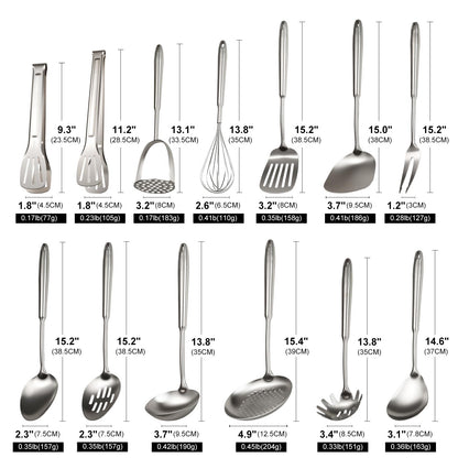 304 Stainless Steel Cooking Utensils Set, 13 PCS Long Large Metal Cooking Utensil Tools Set, Mirror Polished Kitchen Gadget Cookware and Kitchen Tool Set, Dishwasher Safe