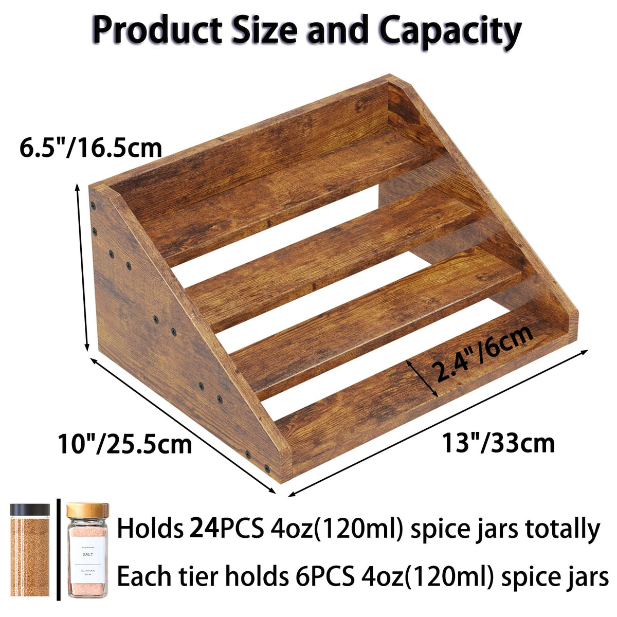 4 Tier Wood Spice Rack Organizer for Cabinet, Super Sturdy Display Riser Shelf Seasoning Organizer for Countertop Pantry Cupboard, Retro Storage Holder for Kitchen Condiment Jar Spice Container
