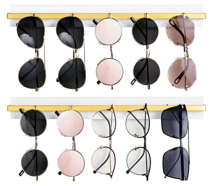 Mkono Wall Mounted Sunglasses Storage Organizer Wood Modern Simple Eyeglasses Display Holder Eyewear Glasses Jewelry Headband Hanging Rack for Entryway Living Room Bedroom, Set of 2, White