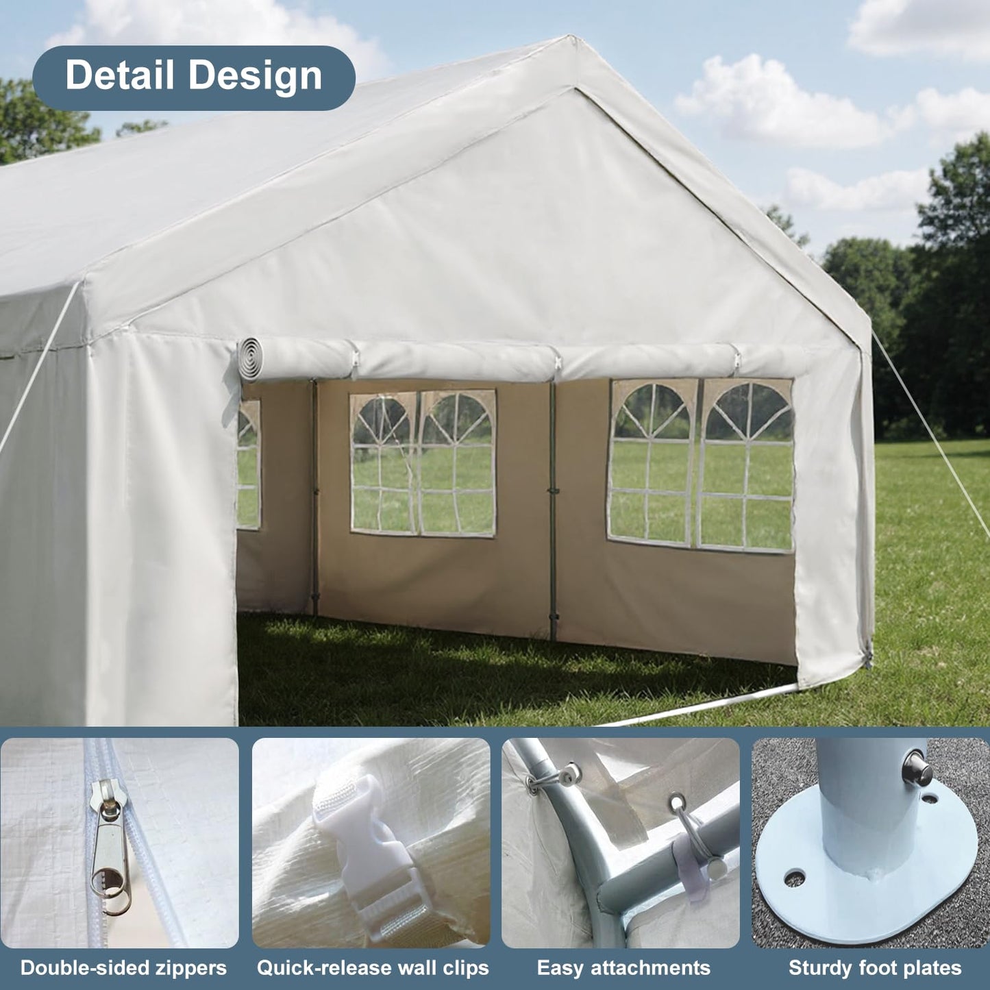 YOPTO 20x40 FT Party Tent,Outdoor Tents for Parties,Carport Car Canopy with 4 Storage Bags & Removable Sidewalls,Gazebo w/ 4 Ground Tubes,Commercial Tents for Wedding BBQ,White