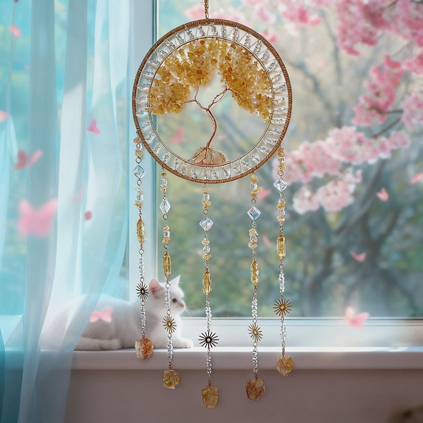 RAGKUU Crystal Tree of Life Dream Catchers with Stone Pendant Yellow Dream Catcher Wall Decor Handmade Dreamcatcher Wall Hanging Ornament for Bedroom Living Room Home Decor