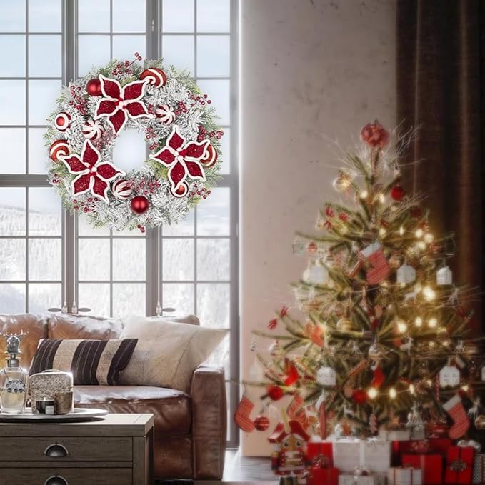 24 inch Christmas Door Wreath, Poinsettia Wreaths for Front Door with Candy Cane Red and White Ball Berries for Fireplace Xmas Decorations, Wall Window Indoor Outdoor Decor