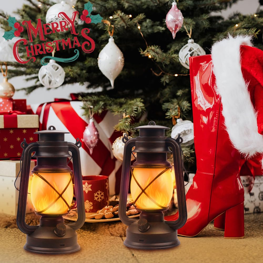 Lantern LED Battery Powered Camping Lamp Outdoor Hanging Lantern Flickering Flame Rechargeable Retro Lanterns Remote Control 4 Modes Light Non-Solar 2 Pack