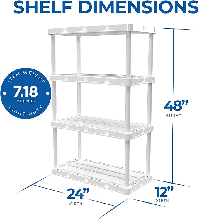 Gracious Living 4 Pack Light Duty Storage Shelves, Knect-A-Shelf 4-Shelf Ventilated Shelving Rack Organizer for Home, Garage, Basement & Laundry, White