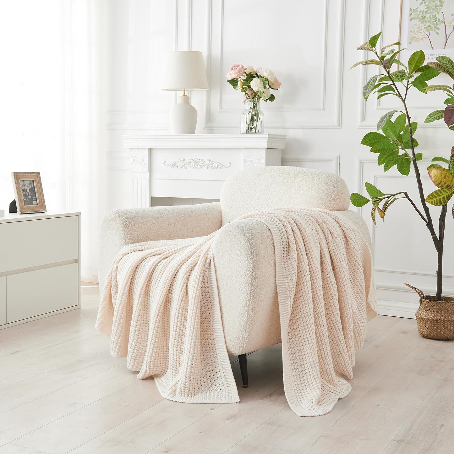 Douceur Cream Throw Blanket for Couch, Soft Chunky Cable Knit Throw Blanket, Classic Fisherman's Rib Stitch Pattern Throw for Living Room,50"X60"
