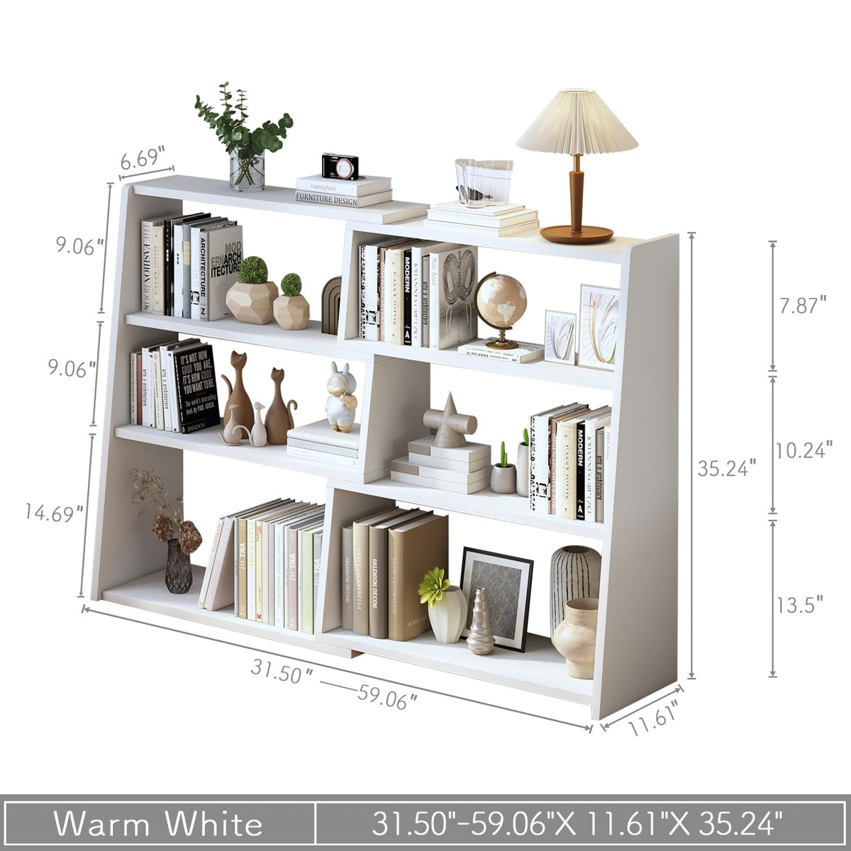 IOTXY Wooden Extendable Shelf Bookcase - 3-Tier Ladder Low Short Bookshelf for Small Space or Corner, White, L