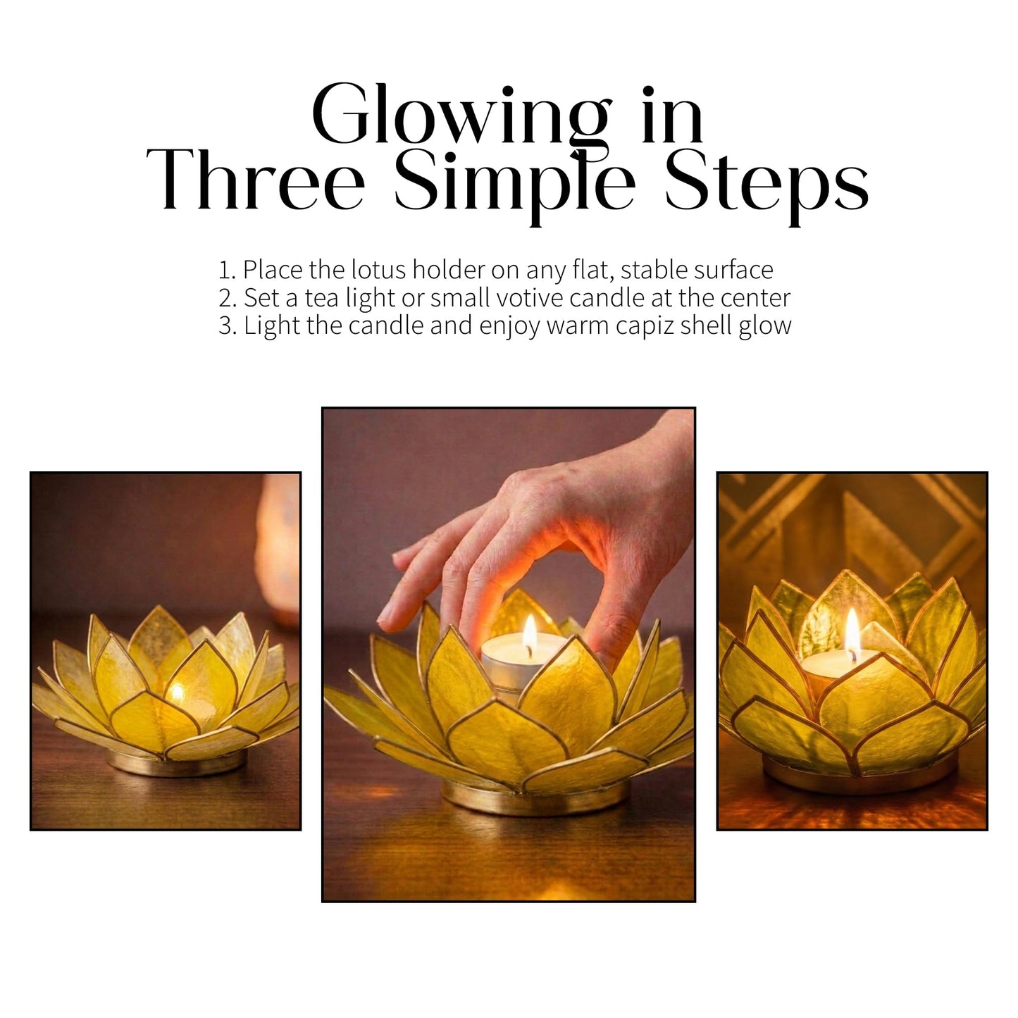 Om Gallery Gemstone Lotus Tealight Holder - Handcrafted Capiz Shell Design for Soft Glow, Elegant Home & Table Decor, Wedding Centerpieces, Votive Candle Styling, and Thoughtful Gifting - Citrine