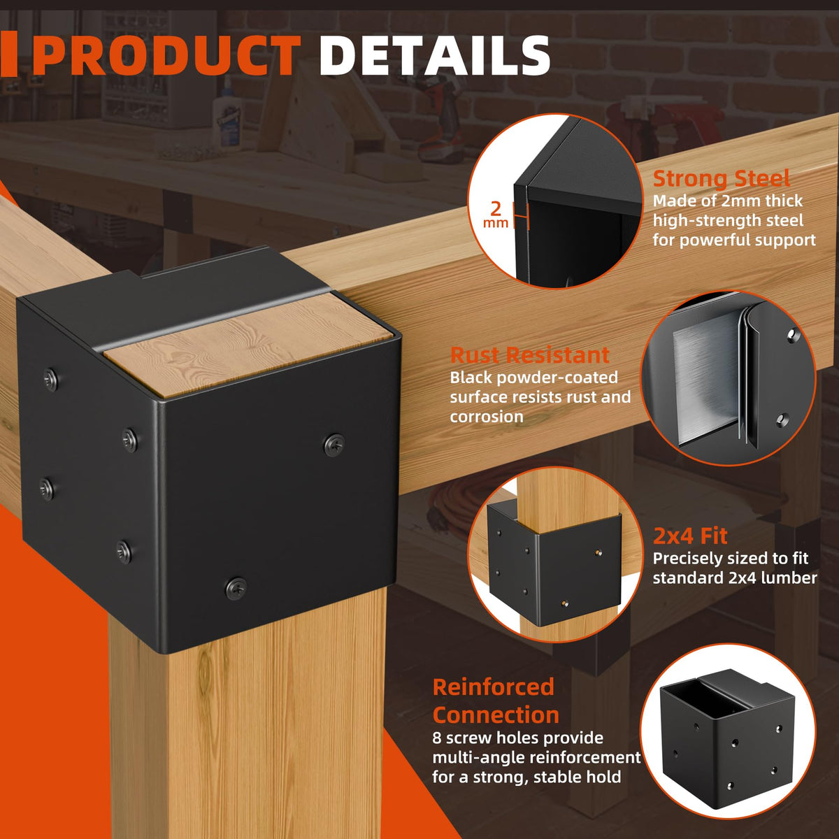 Workbench Bracket Kits - Workbench and Shelving Hardware Kit - Heavy Duty Steel Workbench Corner Bracket - DIY Workbench Kit - 8 Pcs & 80 Screws - Fits 2x4 Wood (Actual 1.5"x3.5")