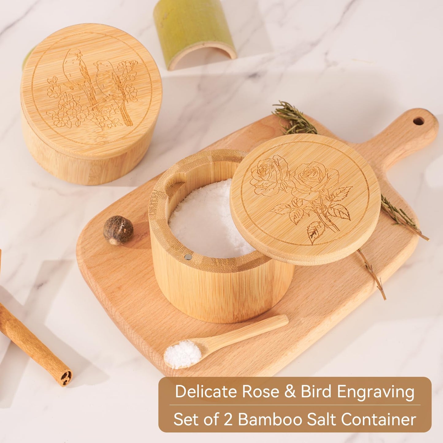 Timtopno Bamboo Salt Cellar and Engraved Salt Box