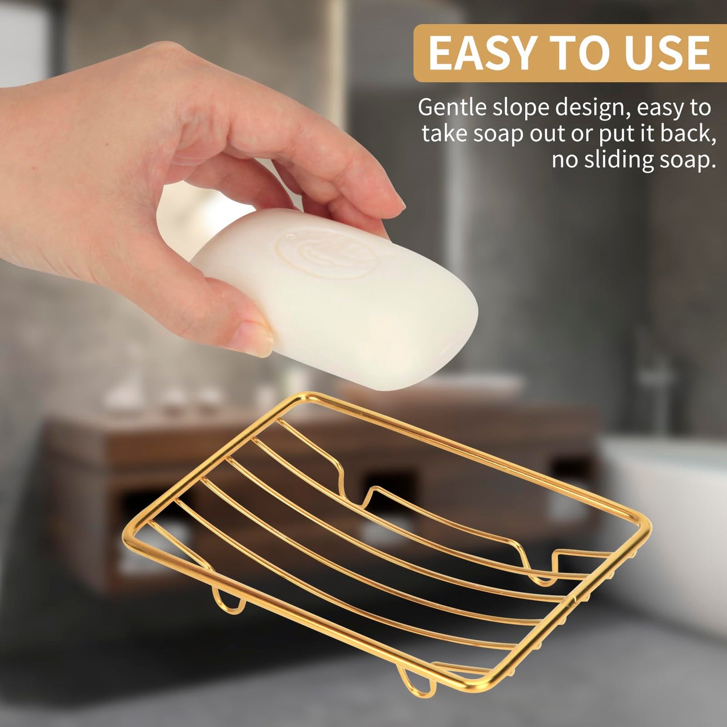 Snailhouse Soap Dishes, 2 Pack Self Draining Rustproof Stainless Steel Shower Bar Soap Dish Holder Tray Caddy Rack for Bathroom & Kitchen, Gold