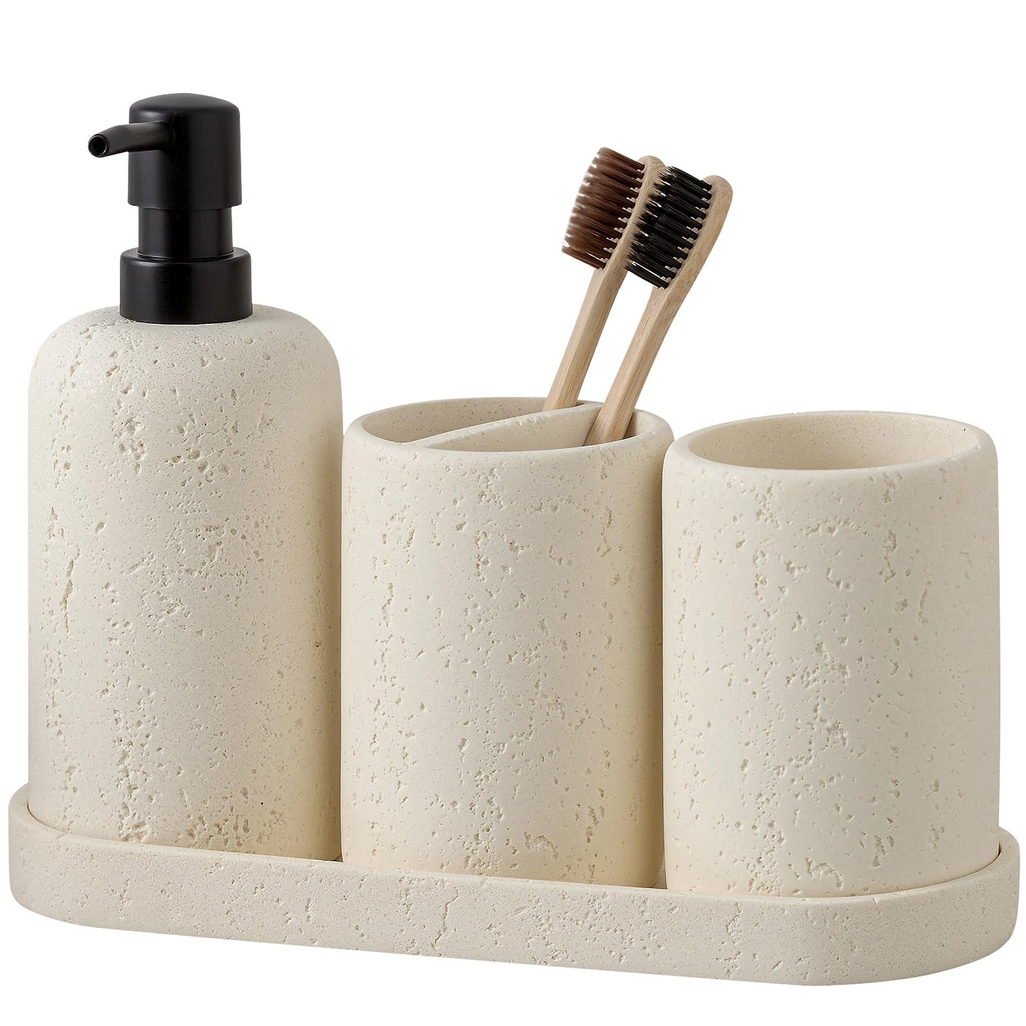 WUUAHOME Bathroom Accessories Set, 4 Piece Travertine Stone Look Collection, Modern Bath Organizer with Soap Dispenser, Toothbrush Holder, Tumbler, Vanity Tray for Countertop Kitchen Sink (Off White)