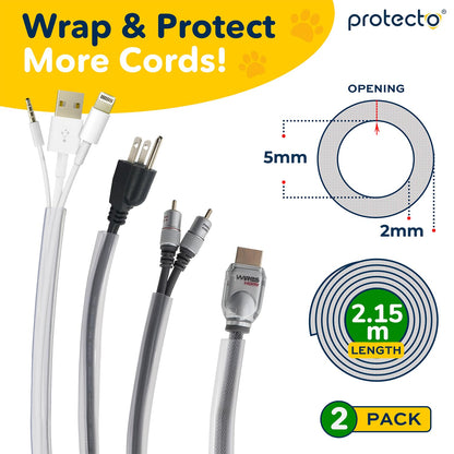 PROTECTO 2-Pack Wire Protector from Pets | Clear Cable Tube Animal Proof - 2.15m Odor-Free Cat & Dog Chew Resistant Floor Cable Cover | Plastic Cord Organiser for Power, Lightning, RCA & HDMI Cables
