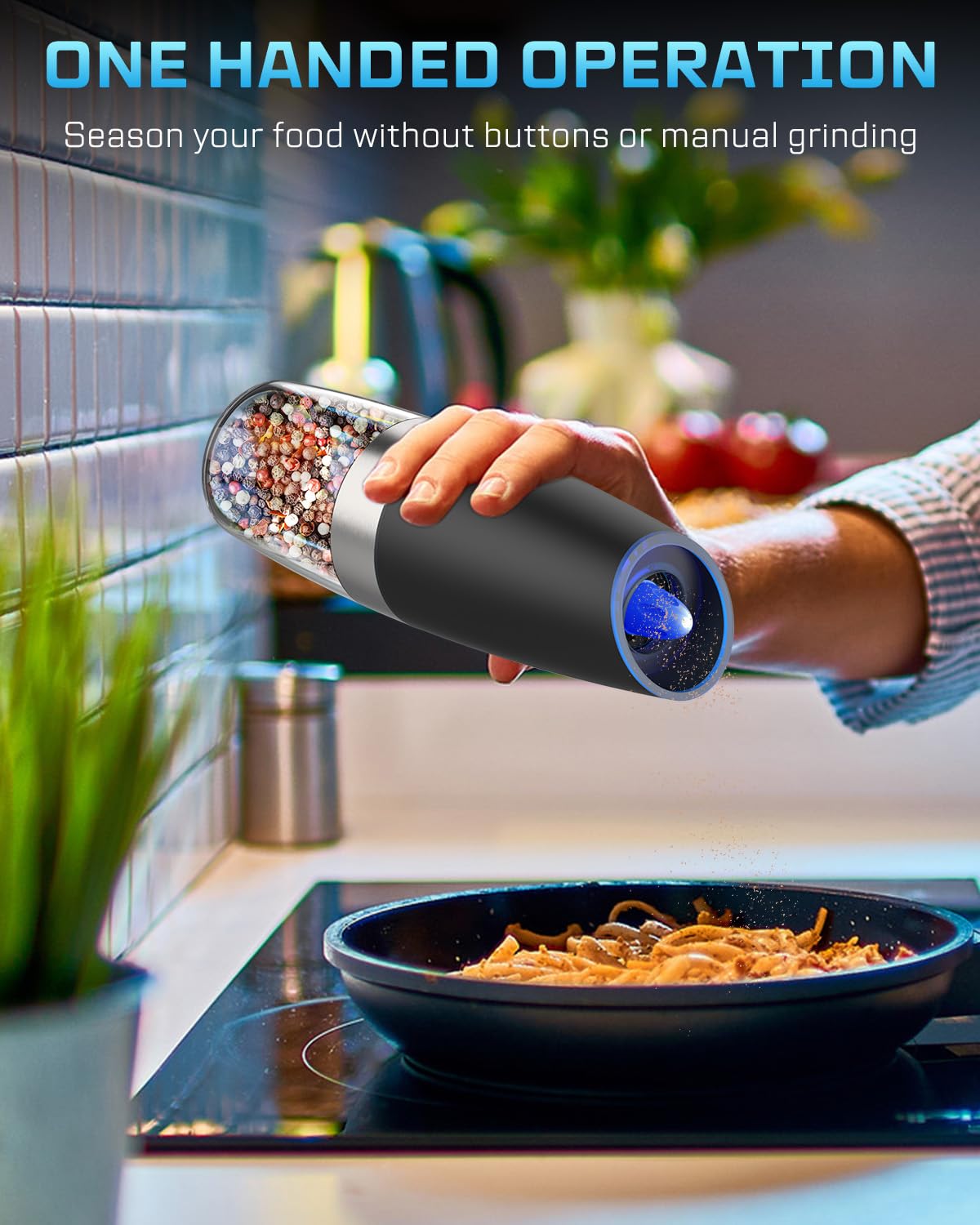 XinXu Gravity Electric Pepper and Salt Grinder Set, Adjustable Coarseness, Battery Powered with LED Light, One Hand Automatic Operation