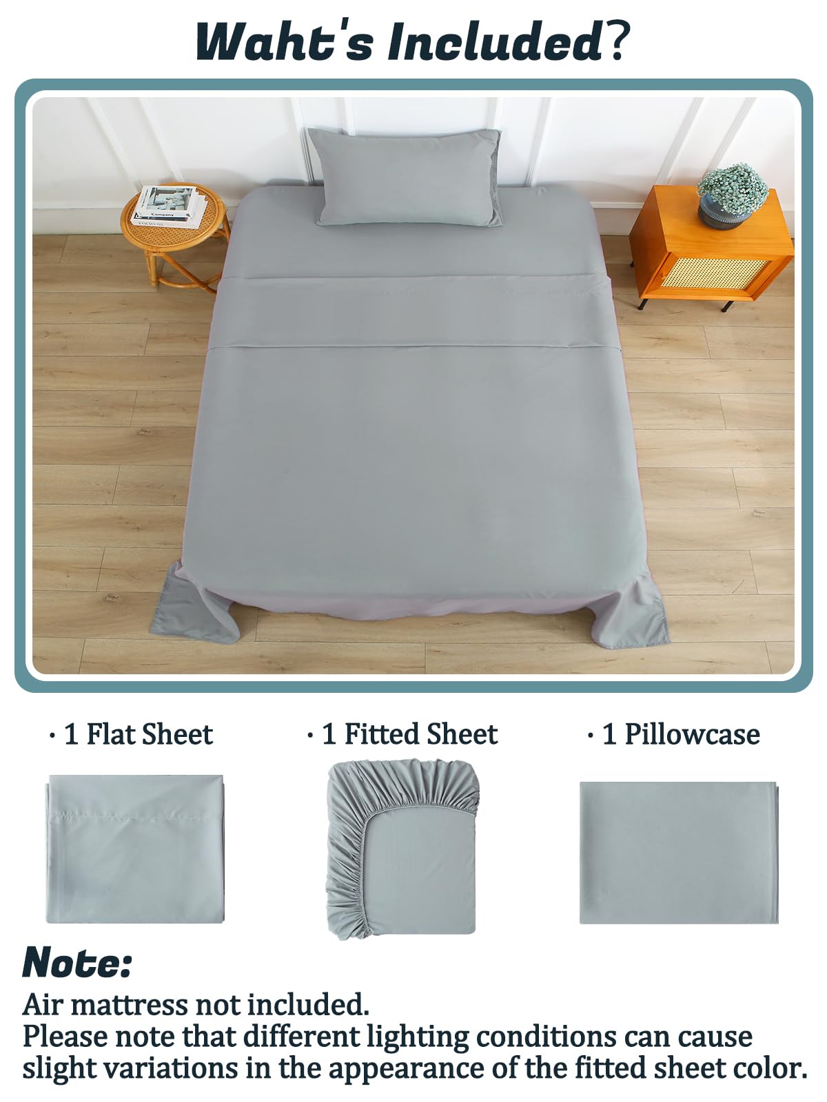 Extra Deep Pocket Twin Sheet Set for Air Mattress, 3 Piece Air Bed Sheets Set with 18-24 Inches Depth, Soft & Breathable Inflatable Bed Sheet Set with Flat Sheet, Fitted Sheet and Pillowcase, Grey