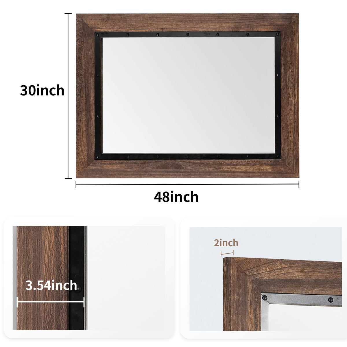 YOSHOOT Rustic Wooden Framed Wall Mirror, 48"x30", Natural Wood and Iron Bathroom Vanity Mirror for Farmhouse Decor, Vertical or Horizontal Hanging