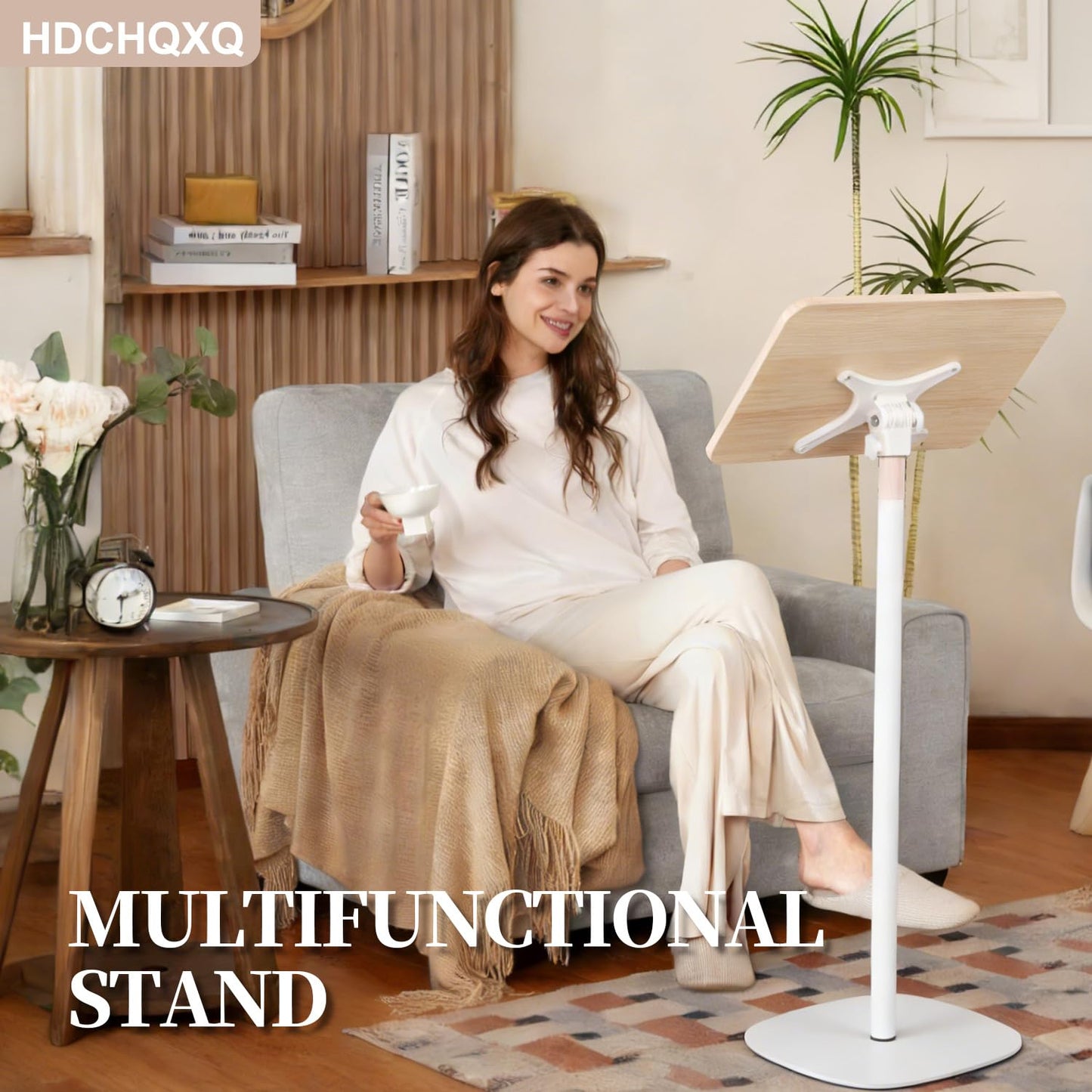 HDCHQXQ Adjustable Floor Book Stand Height From20'-35‘ and Angle, Music Stand,Reading Stand for Tablet Bibles, Recipes, Cooking, Books Wooden Display Rack,Stable Portable with Clip