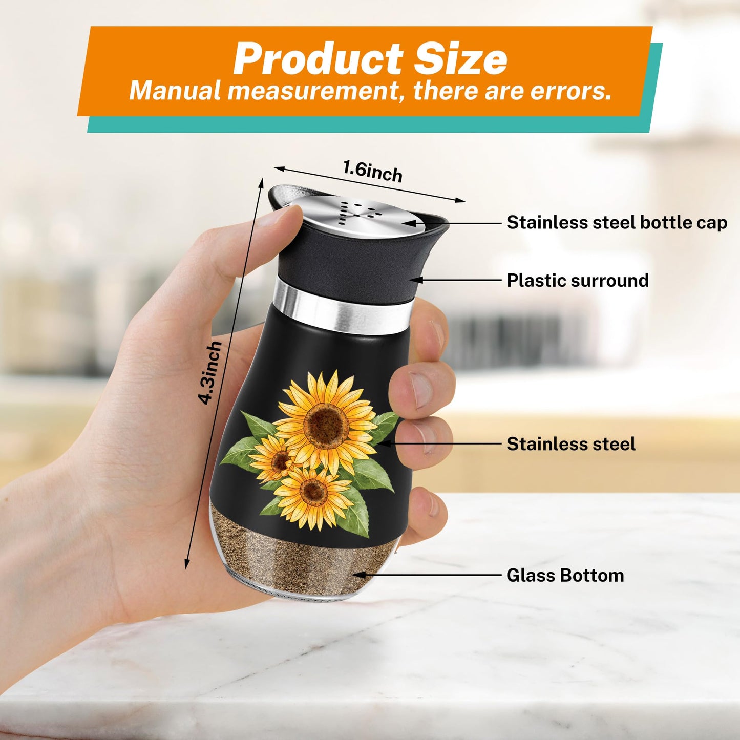 Black Sunflower Salt and Pepper Shakers Set - 4oz Farmhouse Kitchen Gadget and Accessories Sunflower Gifts for Decor Cooking Table,Housewarming,Thanksgiving,Christmas