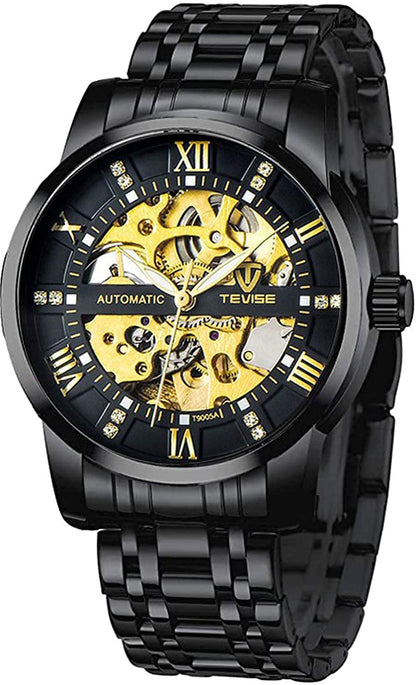 Dentily Mechanical Men's Watch Stainless Steel Skeleton Automatic Watch Waterproof Business Watches for Men