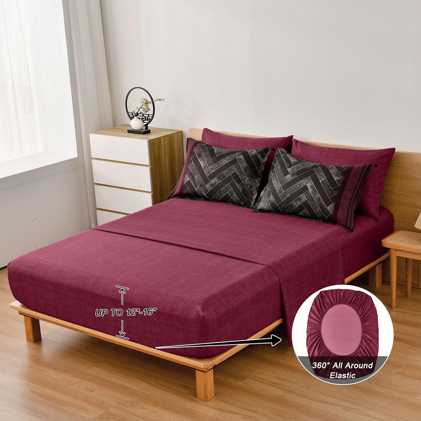 Luxudecor Burgundy Comforter Set Queen Size 7 Pieces Red and Black Stripe Bed in a Bag Geometric Comforter and Sheet Set, Soft Microfiber Complete Bedding Sets for All Seasons