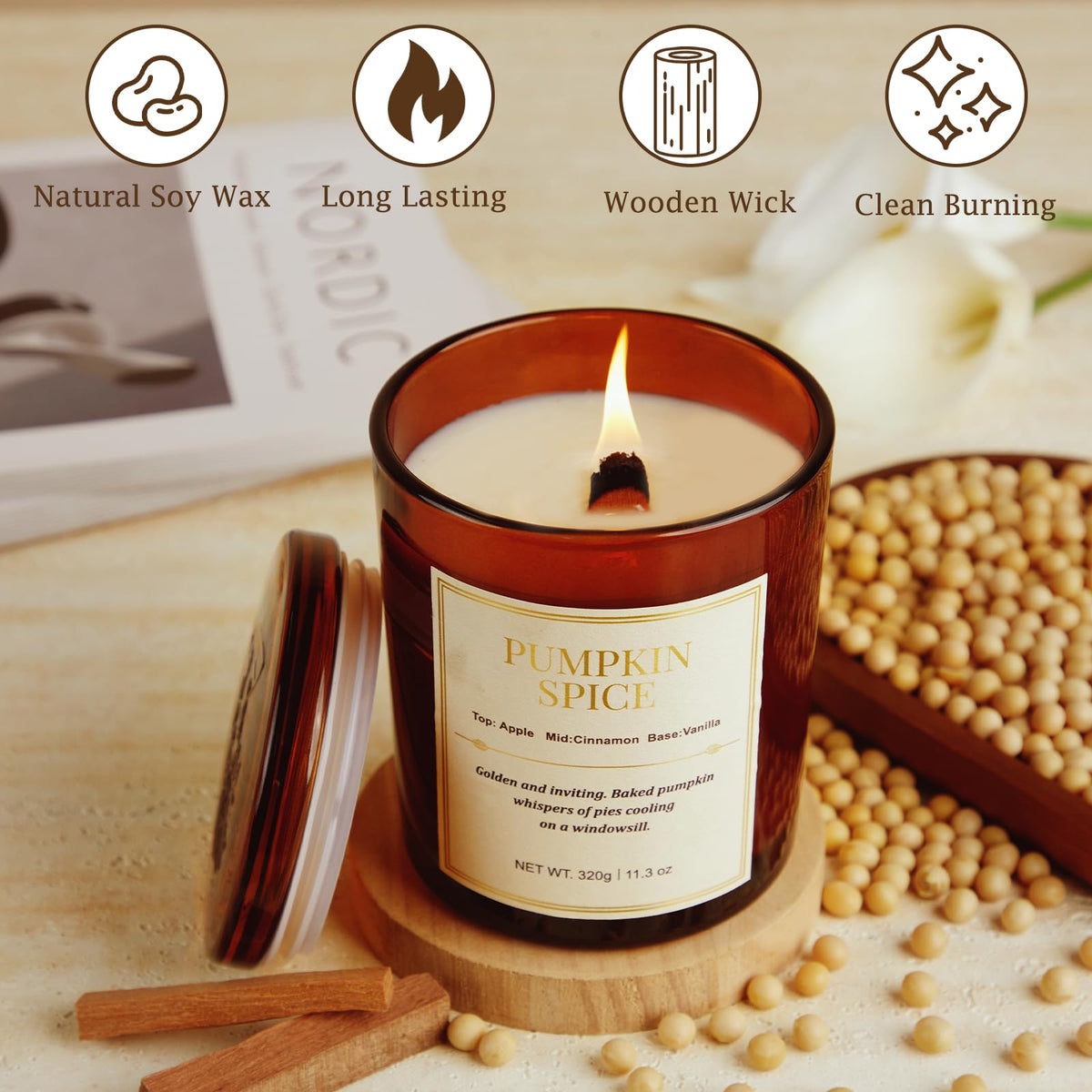 Candle Gift Set –2 Pack Wood Wick Pumpkin Spice Scented Candles,22.6 oz Natural Soy Wax Candles with Gift Box,Long Lasting Autumn Candles for Home Decor,Gifts for Women
