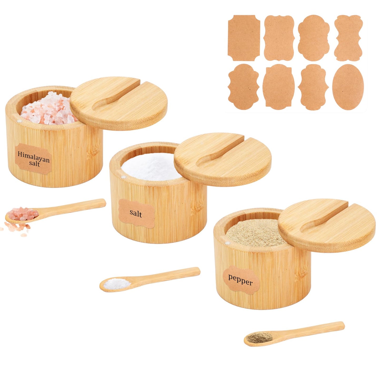 JIABEIUS 3Pcs Bamboo Salt Box with Swivel Lid and Spoon, Salt Cellar Containers with 8pcs Label Stickers, Wooden Spice Jars for Kitchen to Storage Pepper, Sugar, Herbs, Seasonings