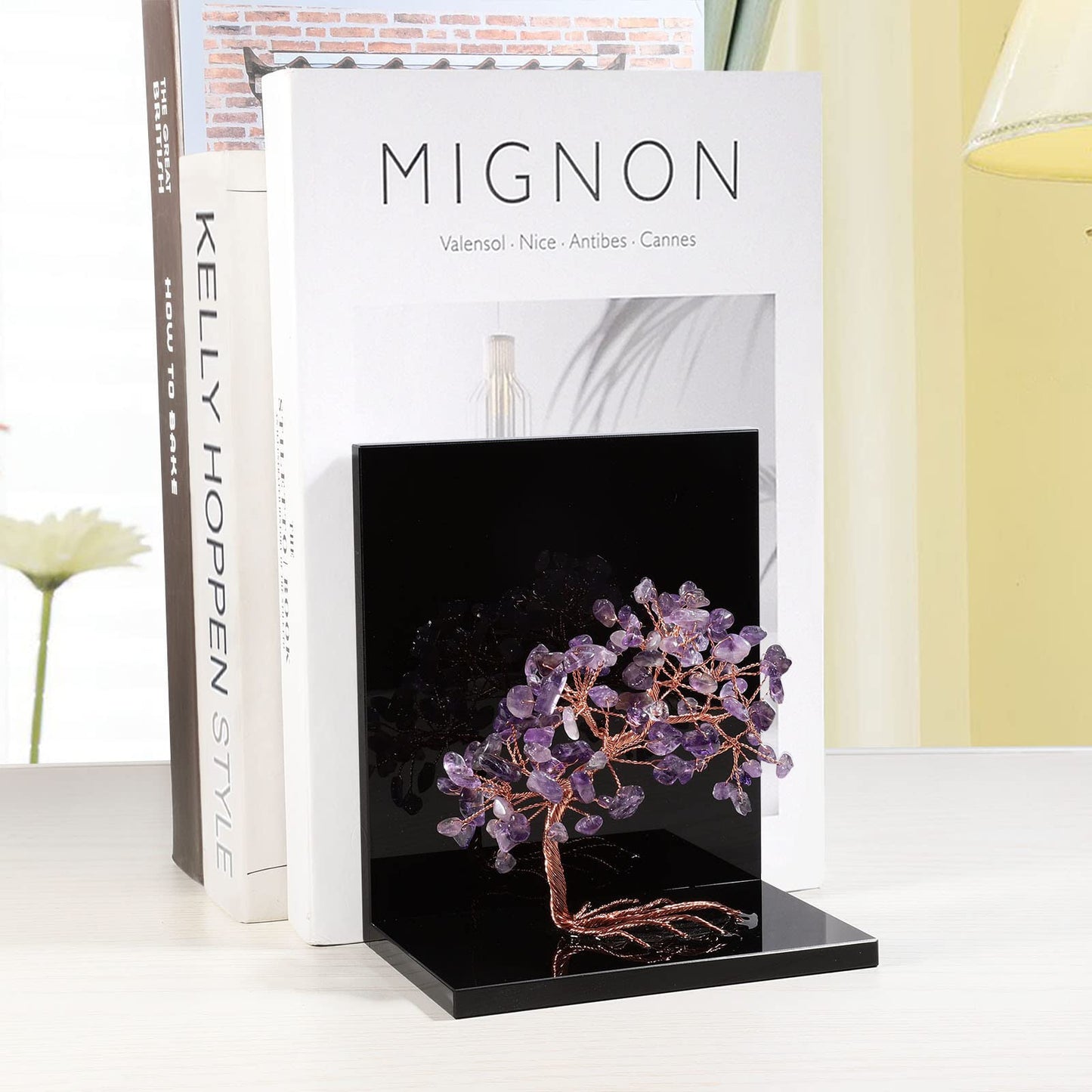 rockcloud Set of 2 Amethyst Crystal Tree Acrylic Decorative Bookends, L-Shaped Heavy Duty Book Ends to Hold Books for Home Office Shelves, Purple