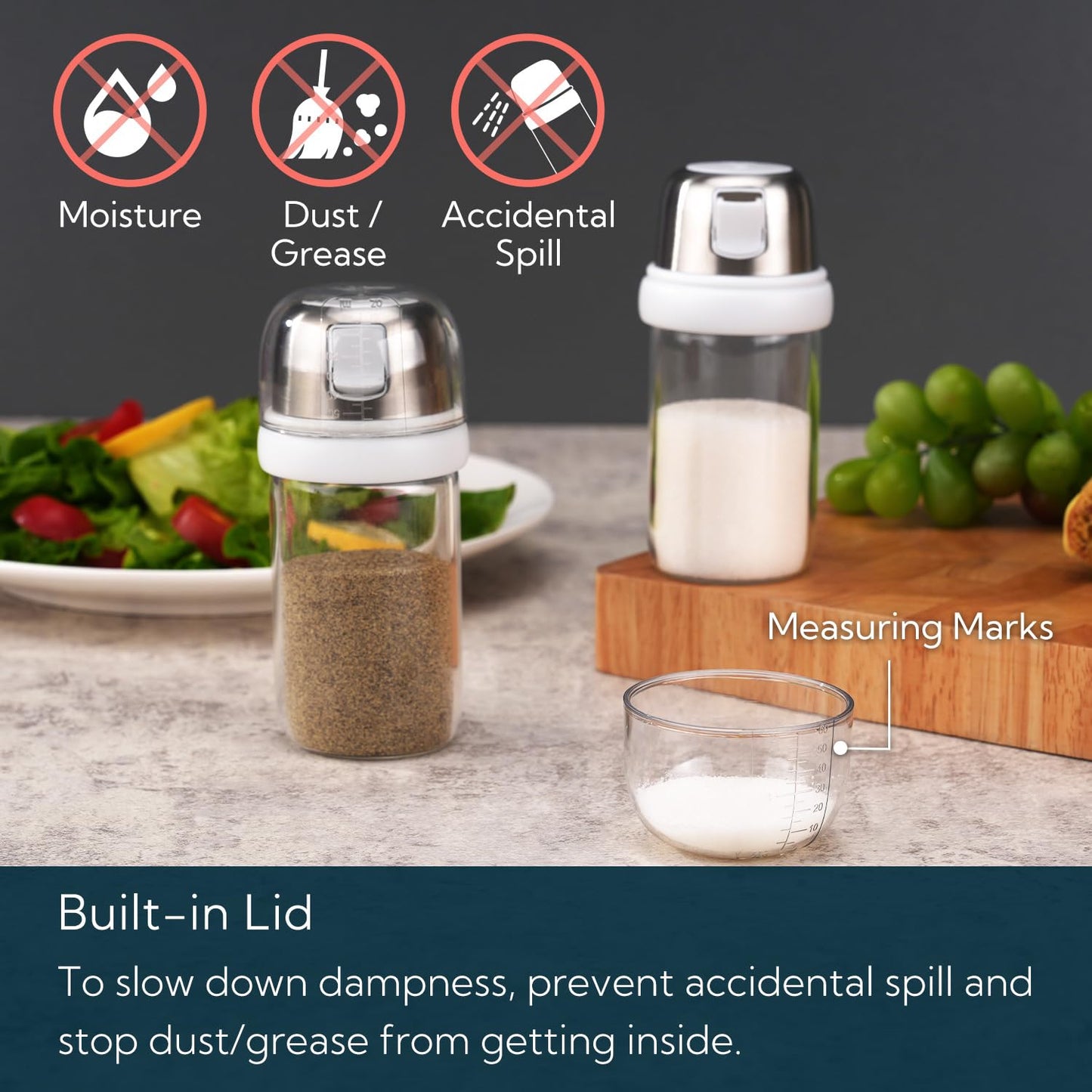 KTCHENDAO 2 in 1 Glass Salt and Pepper Shaker with Side Pour Spout, Built-in Lid for Moisture-proof, Elegant Borosilicate Glass Salt Pepper Dispenser set for Kitchen, BPA Free, 4oz (White)