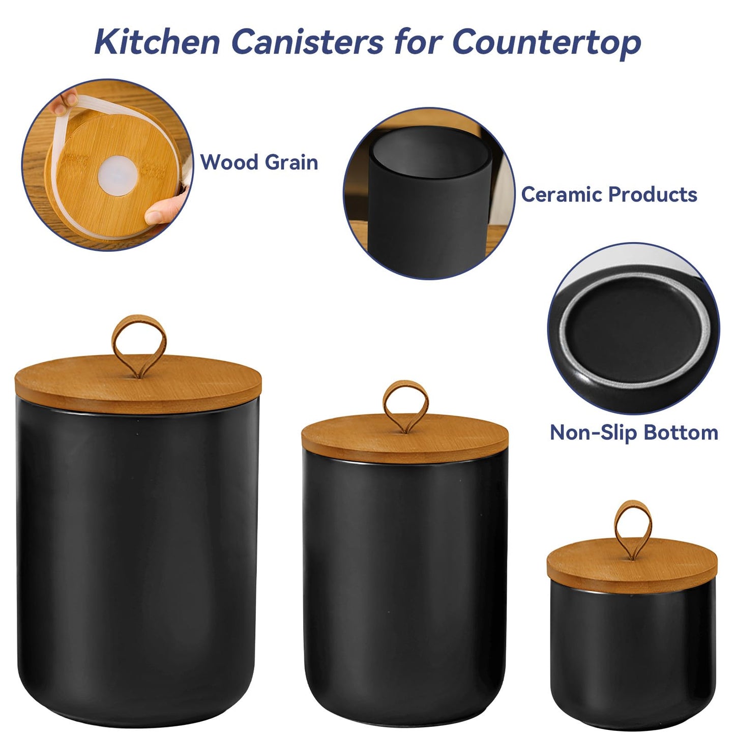 Jueison Ceramic Storage Jars, Modern Elegant Highly Polished Airtight Gorgeous Storage Canisters with Wooden Lid Small Food Stroage Jar for Kitchen Spice Tea Vanilla Sugar Coffee Beans (Black trumpet)