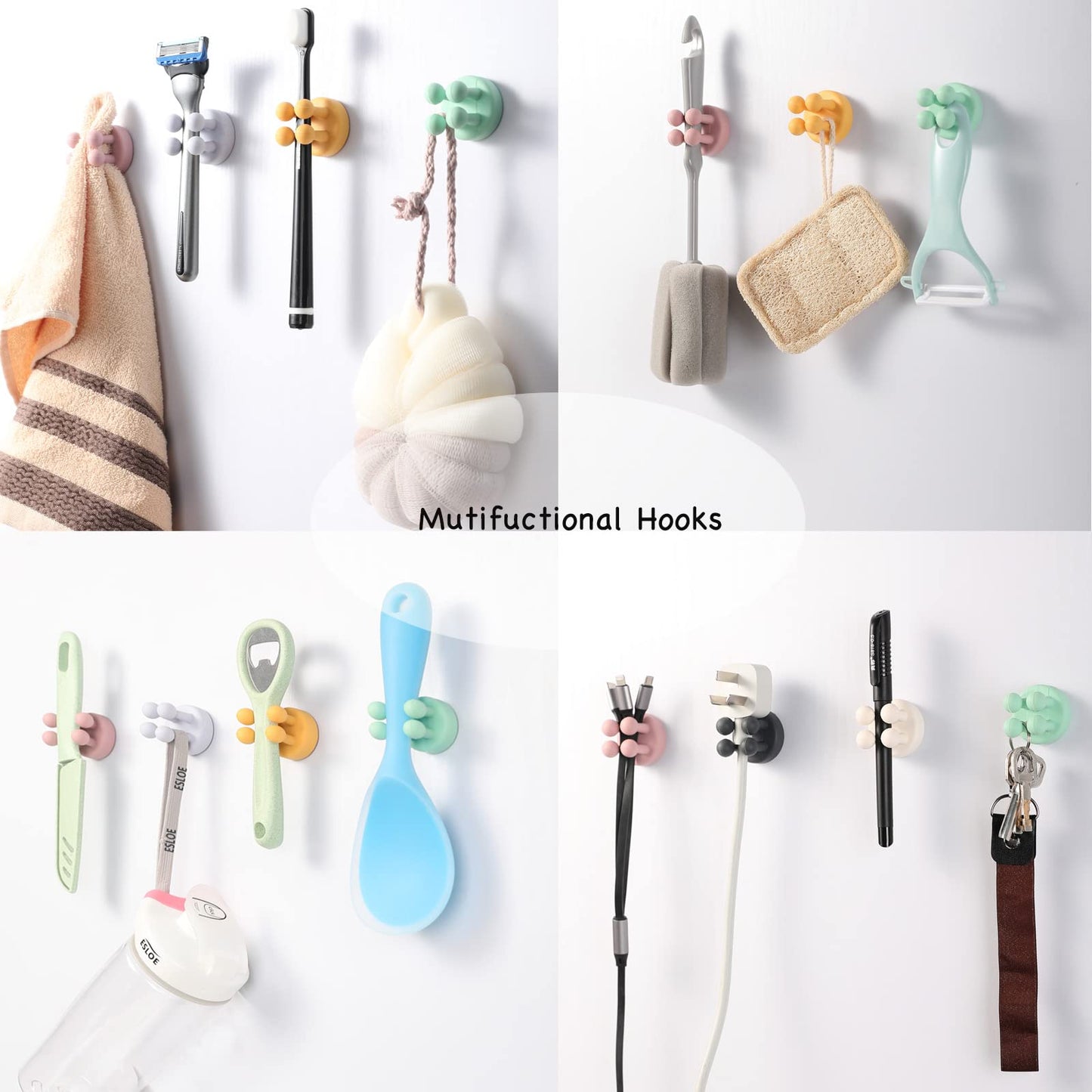 iBetterLife Self-adhesive Silicone Hook Holders - 5Pcs Mounted to Wall for Clipping Hanging Toothbrush Razor Towel Key Plug Cable, Utility Holders for Kitchen Bathroom Home Office Dorm Room Essentials