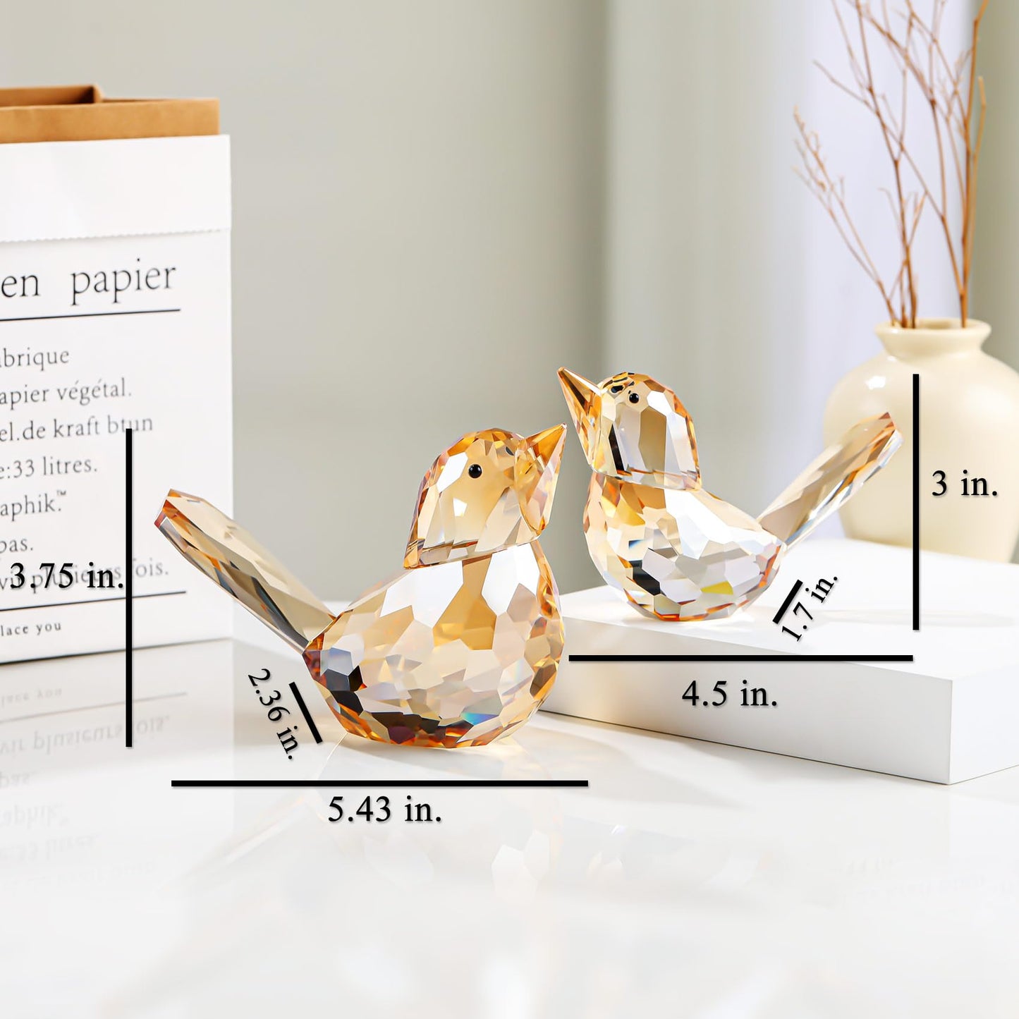 YWHL 2Pcs Champagne Crystal Bird Figurines, Handmade Glass Birds Gifts for Women Men, Art Animals Decorative Ornament Collectible Figurine (Champagne)