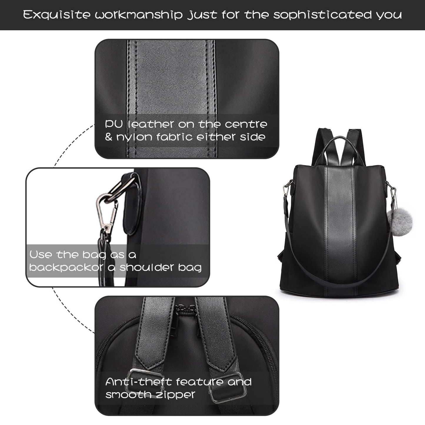 Miss Lulu Women Backpack Leisure Ladies Rucksack Water-Resistant Nylon School Bags Anti-Theft Daypack Shoulder Bag (black)