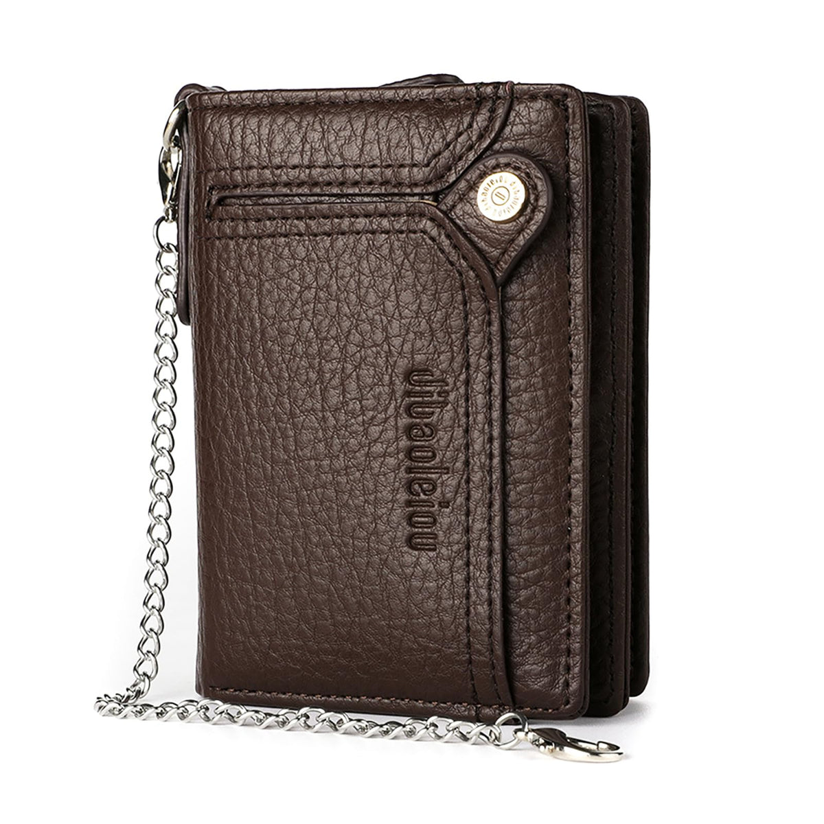 aolaso Wallet with 2 pcs Chain for Men Faux Leather Bifold Wallet Zipper Coin Pocket Purse Anti-Theft Chain Mens Gift (Coffee)