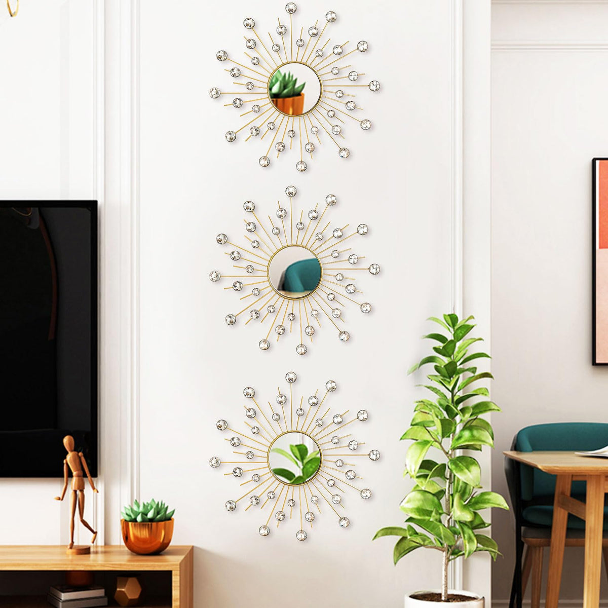 Uaussi 3 Pack Crystal Sunburst Wall Mirror Décor Rhinestone Mirrors Decorative Home Wall Art for Living Room Bedroom Entryway(Crystals Gold)