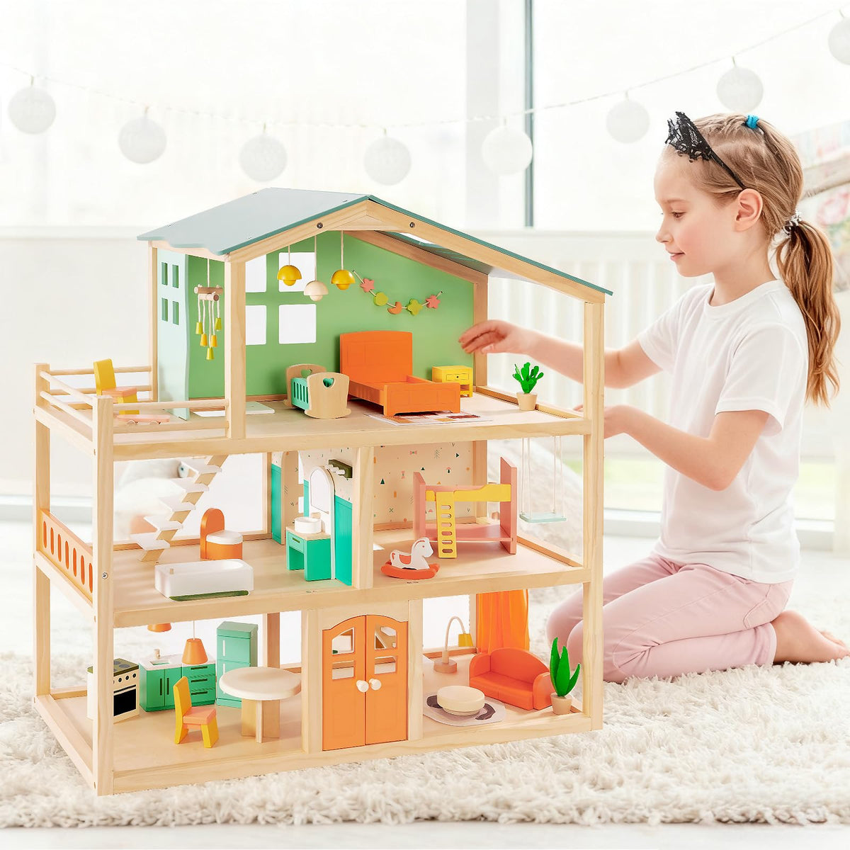 Giant bean Large Wooden Dollhouse with 32 Pcs Furniture Accessories, 3-Story Doll House 5 Rooms Balcony Wooden Stairs, Ideal Dollhouse Toy for Kids Ages 3+, 30" H x 28" L x 13" W