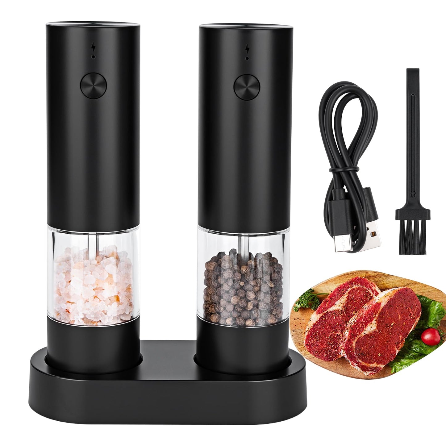 Electric Salt and Pepper Grinder Set, Rechargeable Automatic Grinders with Charging Base, Adjustable Coarseness, One-Hand Operation, Refillable Ceramic Spice Mills for Salt, Pepper and Dry Seasonings