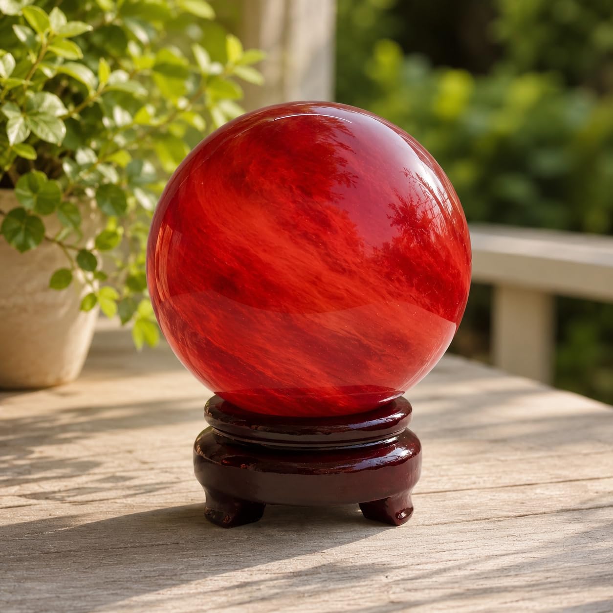Lodkksg Red Crystal Ball(90mm-3.54 inches) with Display Stand—Natural Ruby Sphere for Decoration and Divination