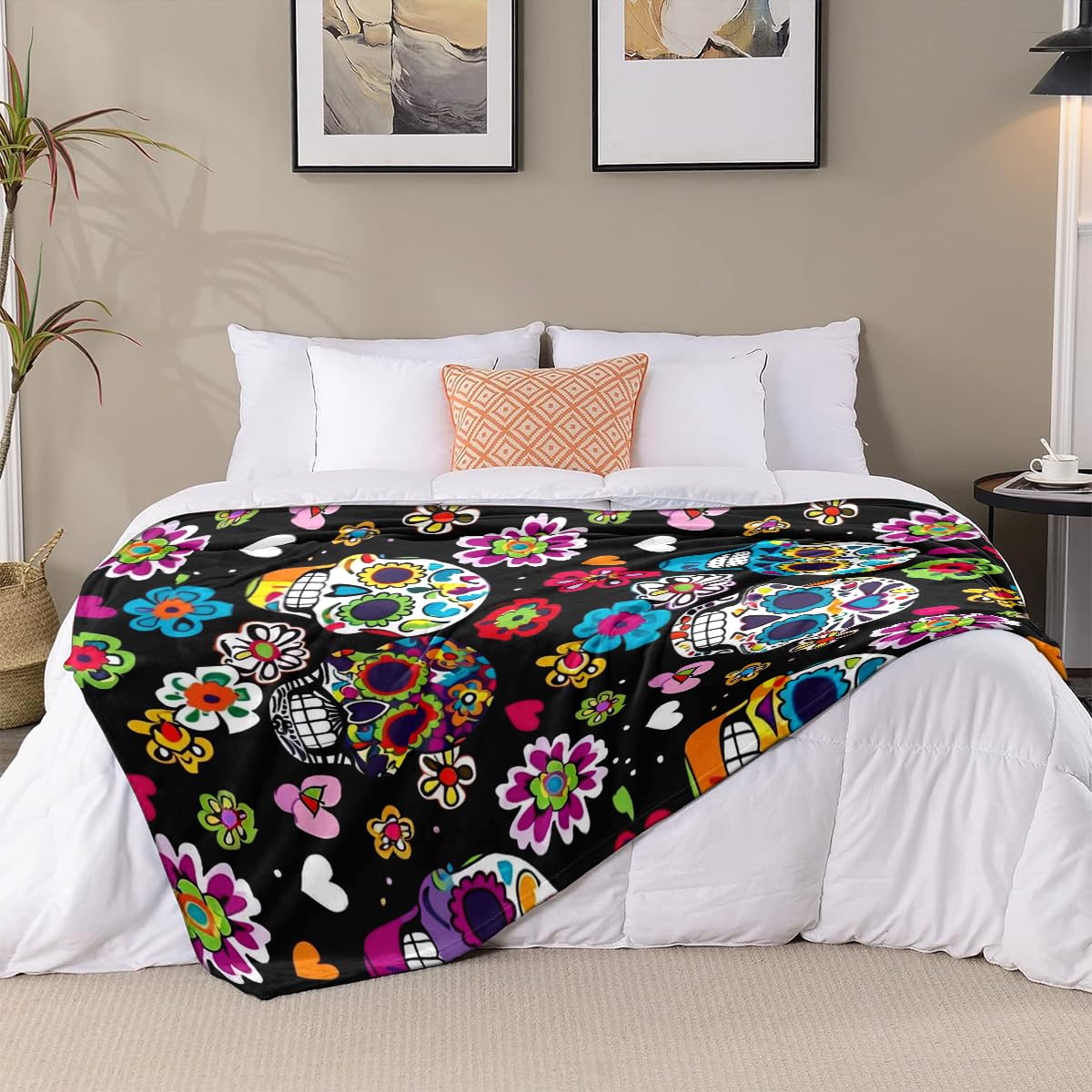 EENSYWEENSY Sugar Skull Throw Blanket, Mexico Colorful Flowers, Halloween Blankets Fuzzy Gifts for Sofa Couch Bedroom (40“ x 30”)